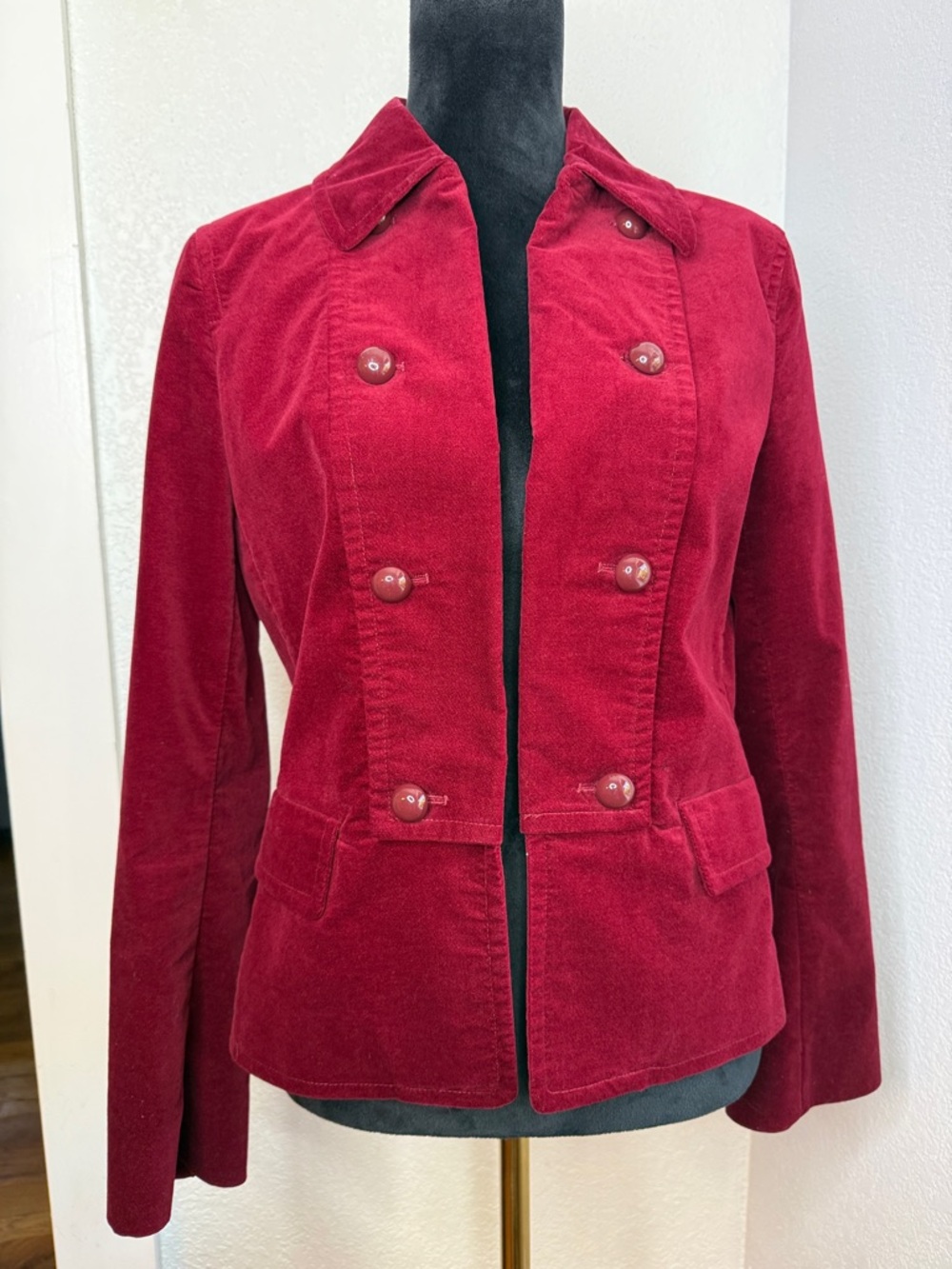 Talbots burgundy velvet military inspired blazer open front lined workwear 8